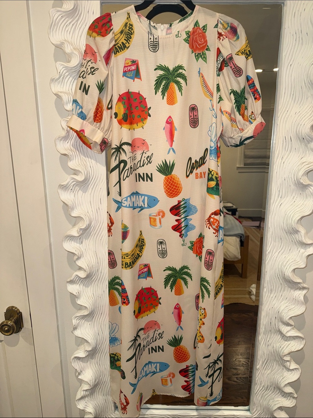 SHEIN Tropical Print Midi Dress - Cream with Multicolor Motifs